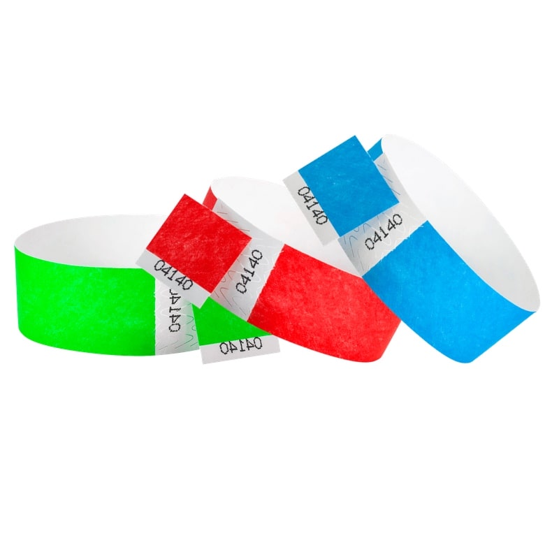 tyvek  wristbands that are one inch wide with detachable stub and duplicate numbering shown in neon red, neon blue and neon green