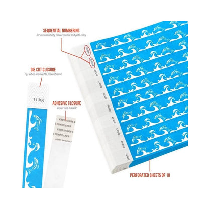 dolphin tyvek wristband detail product page showing the die cut adhesive closure, sequential numbering, perforated sheets of 10 and the dimensions.