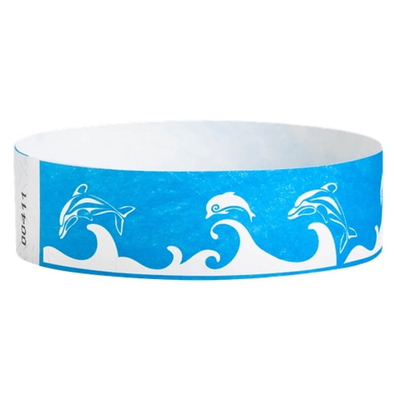 neon blue tyvek wristband with white dolphin and wave pattern - round version shown