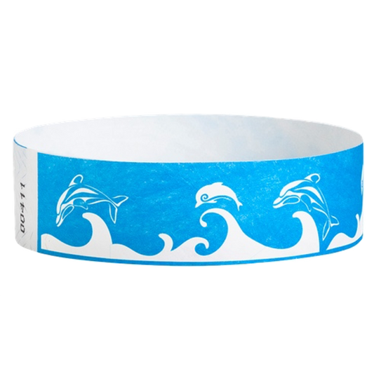 neon blue tyvek wristband with white dolphin and wave pattern - round version shown
