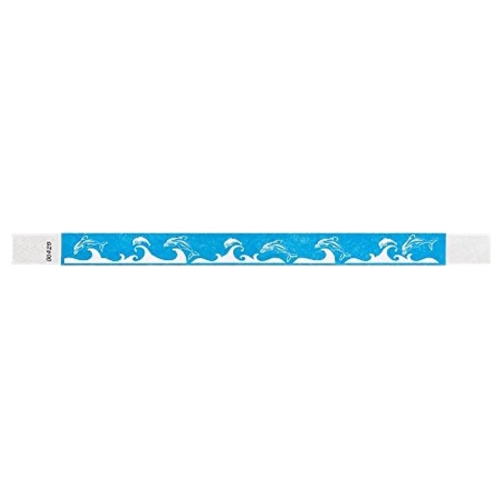 neon blue tyvek wristband with white dolphin and wave pattern - rouflatnd version shown