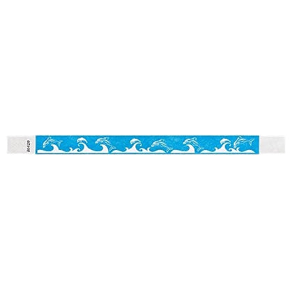 neon blue tyvek wristband with white dolphin and wave pattern - rouflatnd version shown