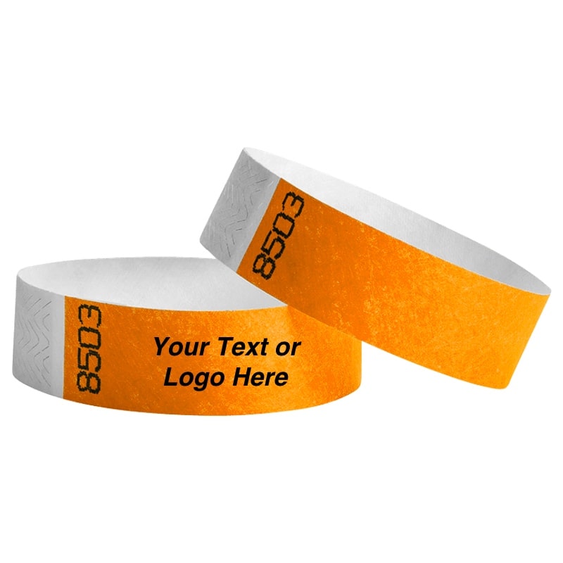 duplicate number sets shown in neon orange tyvek wristbands - available to customize with your text or logo