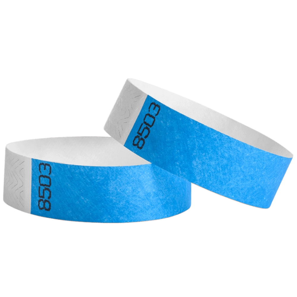 duplicate number sets in neon blue tyvek 3/4" wristbands - shown in round 