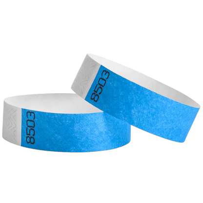 duplicate number sets shown in neon blue tyvek 3/4" wristbands 