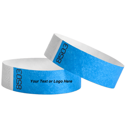duplicate number sets shown in neon blue tyvek 3/4" wristbands - available to customize with your text or logo