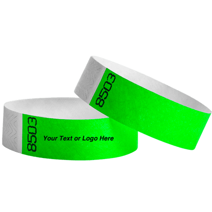 duplicate number sets shown in neon green tyvek 3/4" wristbands - available to customize with your text or logo