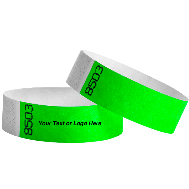 duplicate number sets shown in neon green tyvek 3/4" wristbands - available to customize with your text or logo