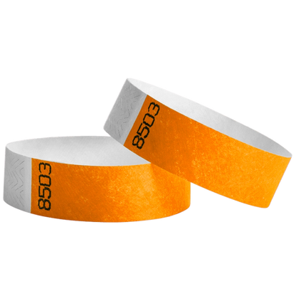 duplicate number sets in neon orange tyvek 3/4" wristbands - shown in round 