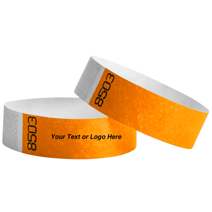 duplicate number sets shown in neon orange tyvek 3/4" wristbands - available to customize with your text or logo