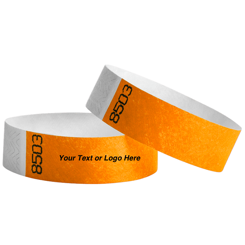 duplicate number sets shown in neon orange tyvek 3/4" wristbands - available to customize with your text or logo