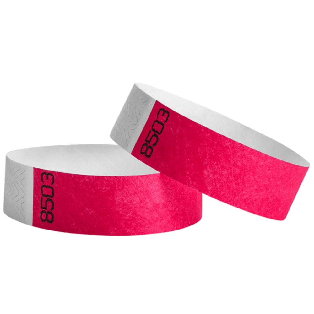 duplicate number sets in neon pink tyvek 3/4" wristbands - shown in round 