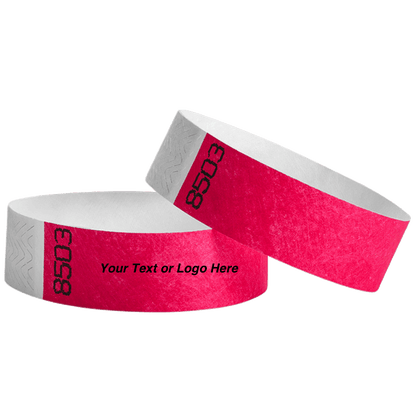 duplicate number sets shown in neon pink tyvek 3/4" wristbands - available to customize with your text or logo