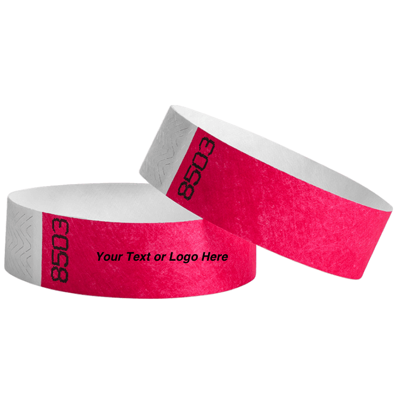 duplicate number sets shown in neon pink tyvek 3/4" wristbands - available to customize with your text or logo