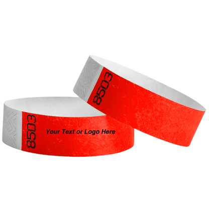 duplicate number sets shown in neon red tyvek 3/4" wristbands - available to customize with your text or logo