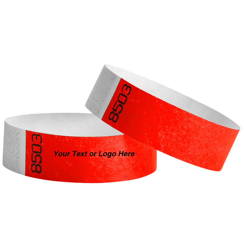 duplicate number sets shown in neon red tyvek 3/4" wristbands - available to customize with your text or logo