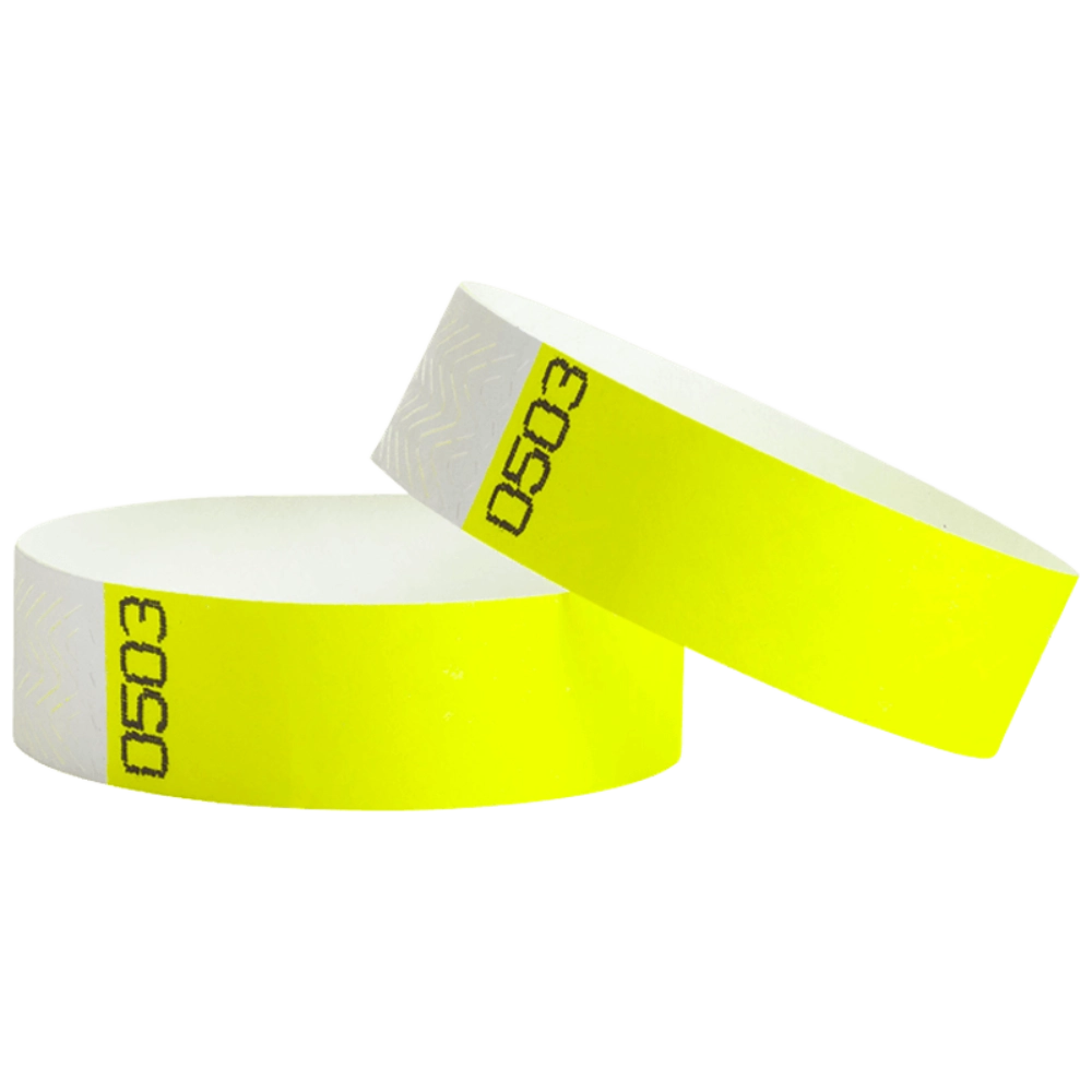 duplicate number sets in neon yellow tyvek 3/4" wristbands - shown in round 