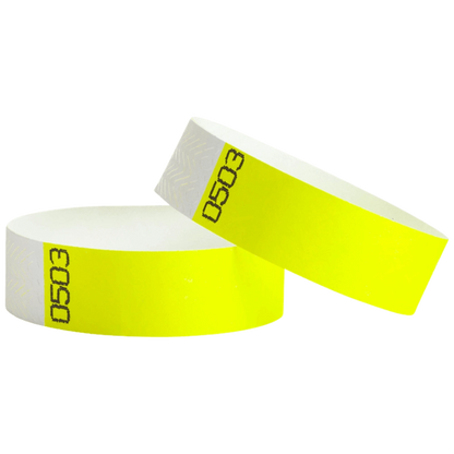 duplicate number sets in neon yellow tyvek 3/4" wristbands - shown in round 