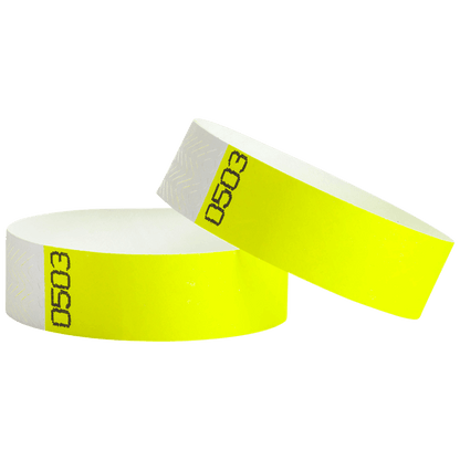 duplicate number sets shown in neon yellow tyvek 3/4" wristbands 
