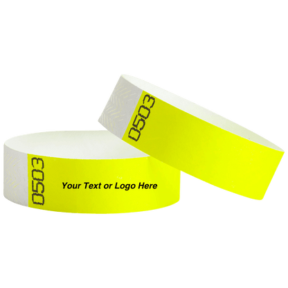 duplicate number sets shown in neon yellow tyvek 3/4" wristbands - available to customize with your text or logo