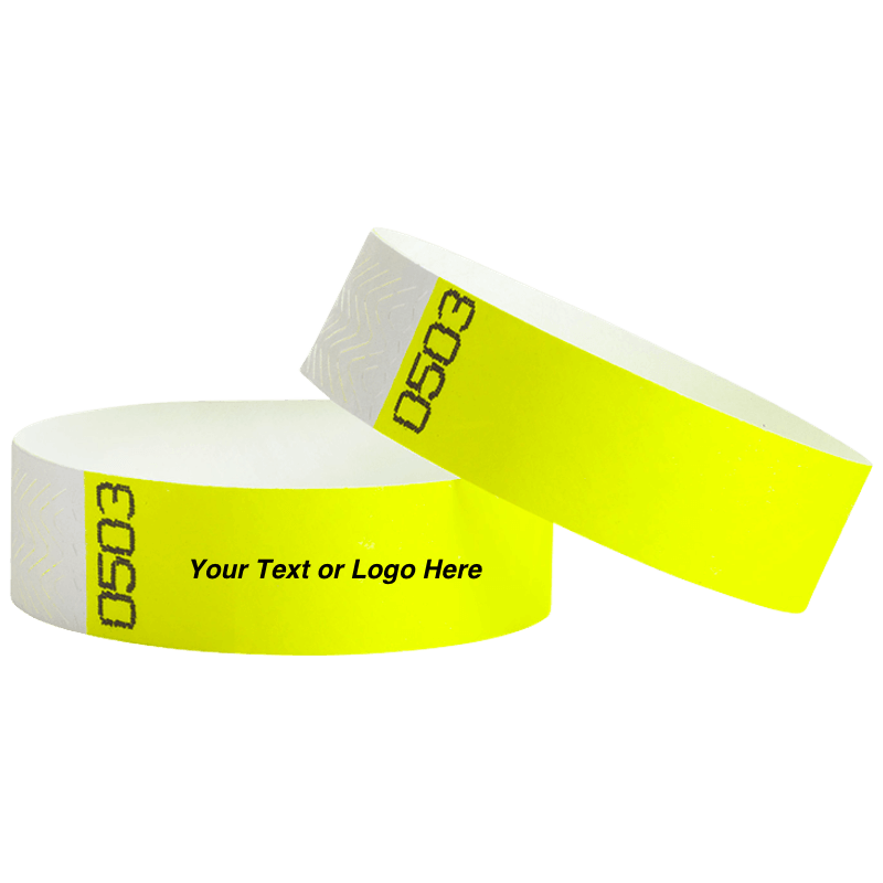 duplicate number sets shown in neon yellow tyvek 3/4" wristbands - available to customize with your text or logo