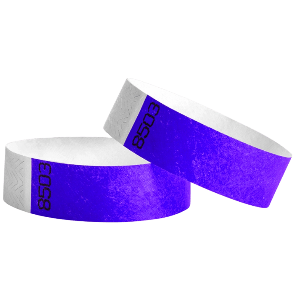 duplicate number sets in purple tyvek 3/4" wristbands - shown in round 