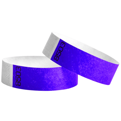 duplicate number sets in purple tyvek 3/4" wristbands - shown in round 