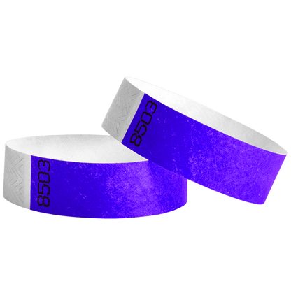 duplicate number sets shown in purple tyvek 3/4" wristbands 