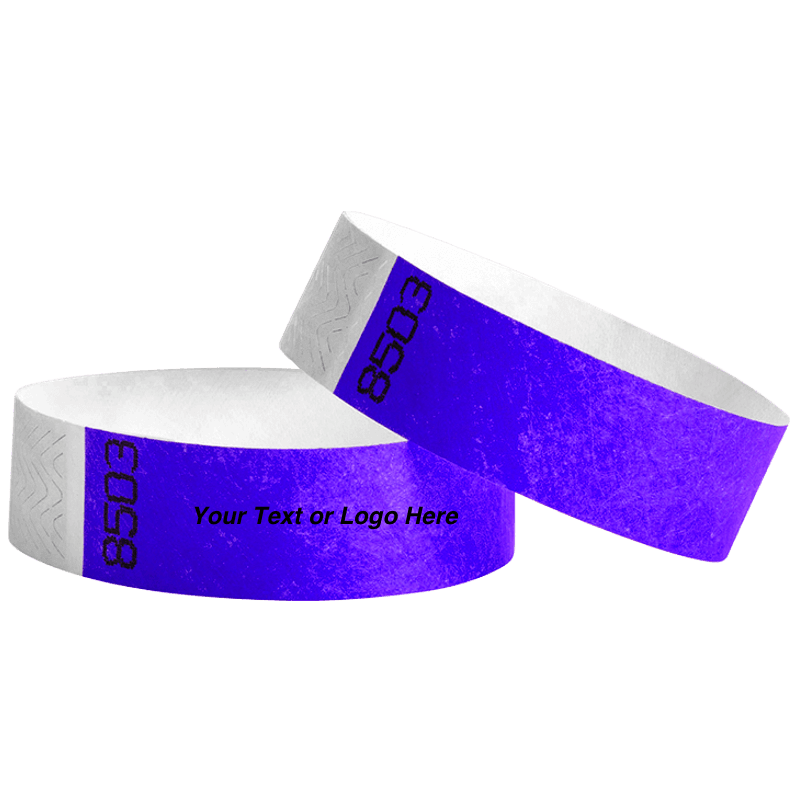 duplicate number sets shown in purple tyvek 3/4" wristbands - available to customize with your text or logo