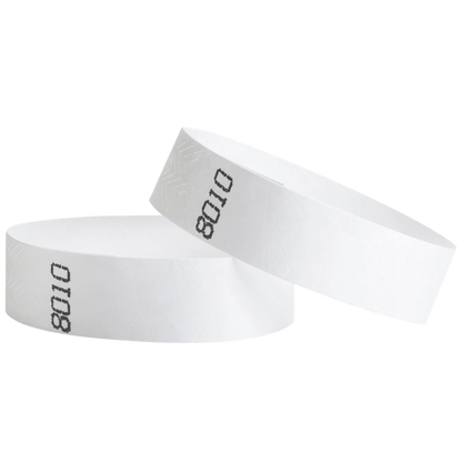 duplicate number sets in white tyvek 3/4" wristbands - shown in round 