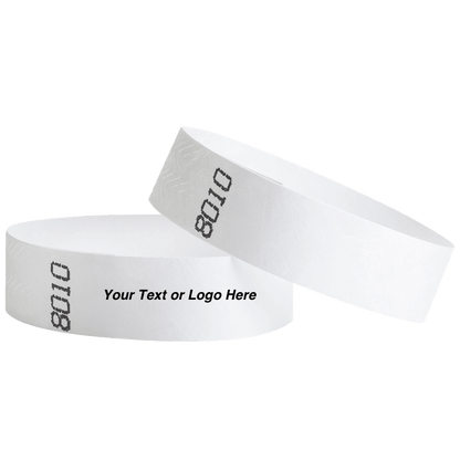 duplicate number sets shown in white tyvek 3/4" wristbands - available to customize with your text or logo