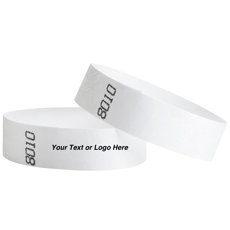 duplicate number sets shown in white tyvek 3/4" wristbands - available to customize with your text or logo