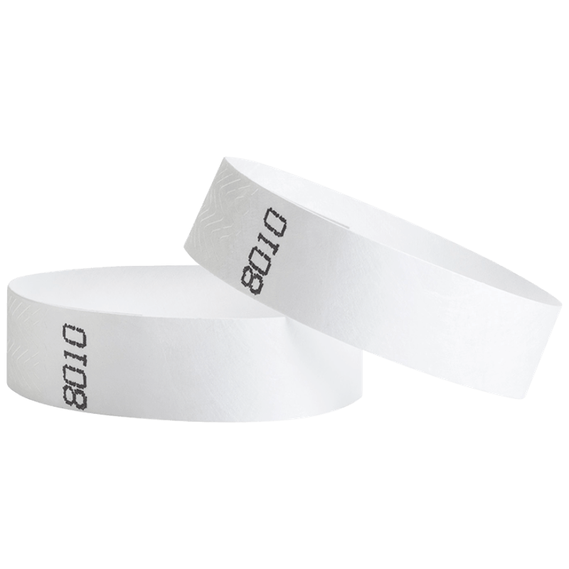 duplicate number sets shown in white tyvek 3/4" wristbands 