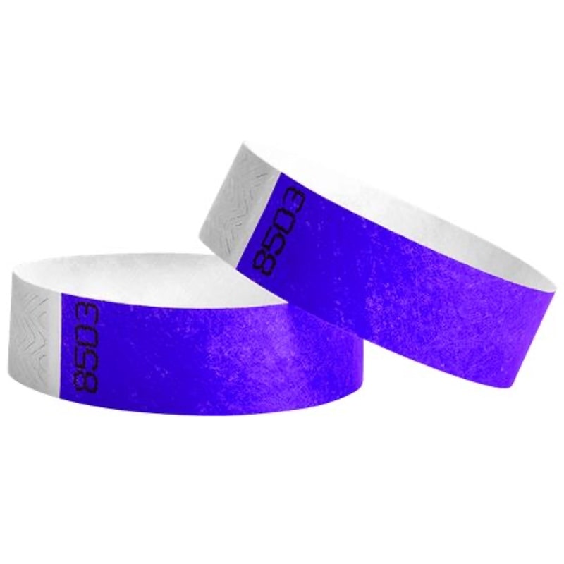 a set of purple wristbands with duplicate numbers great for customizing