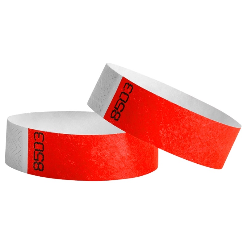 solid neon red duplicate numbered tyvek wristbands - every other band is numbered the same