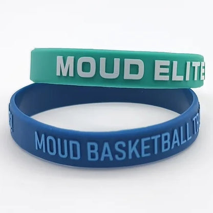 2 Embossed Printed Silicone Wristbands blue and green bands