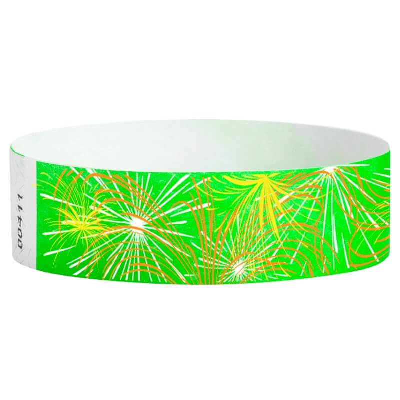 tyvek Wristband with fireworks design on a neon green background - round version shown