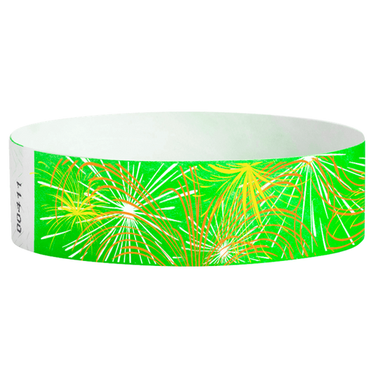 tyvek Wristband with fireworks design on a neon green background - round version shown