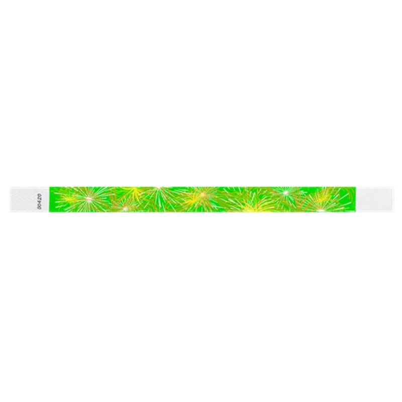 tyvek Wristband with fireworks design on a neon green background - flat version shown