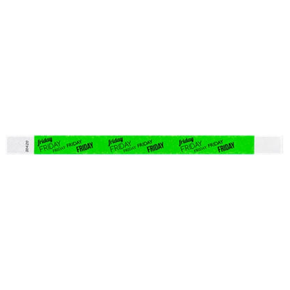 neon green tyvek wristband with friday text in black ink repeated