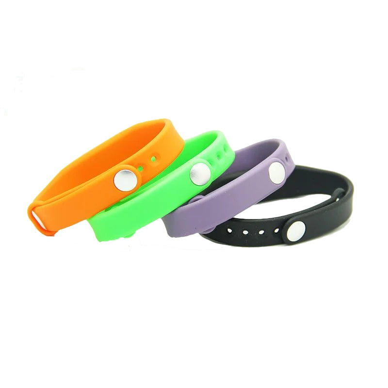 neon orange, neon green, purple and black silicone RFID wristbands
