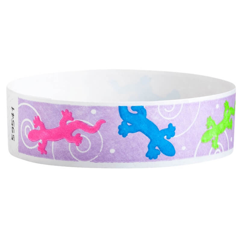 Berry tyvek Wristband with neon pink, neon blue and neon green gecko design - round version shown