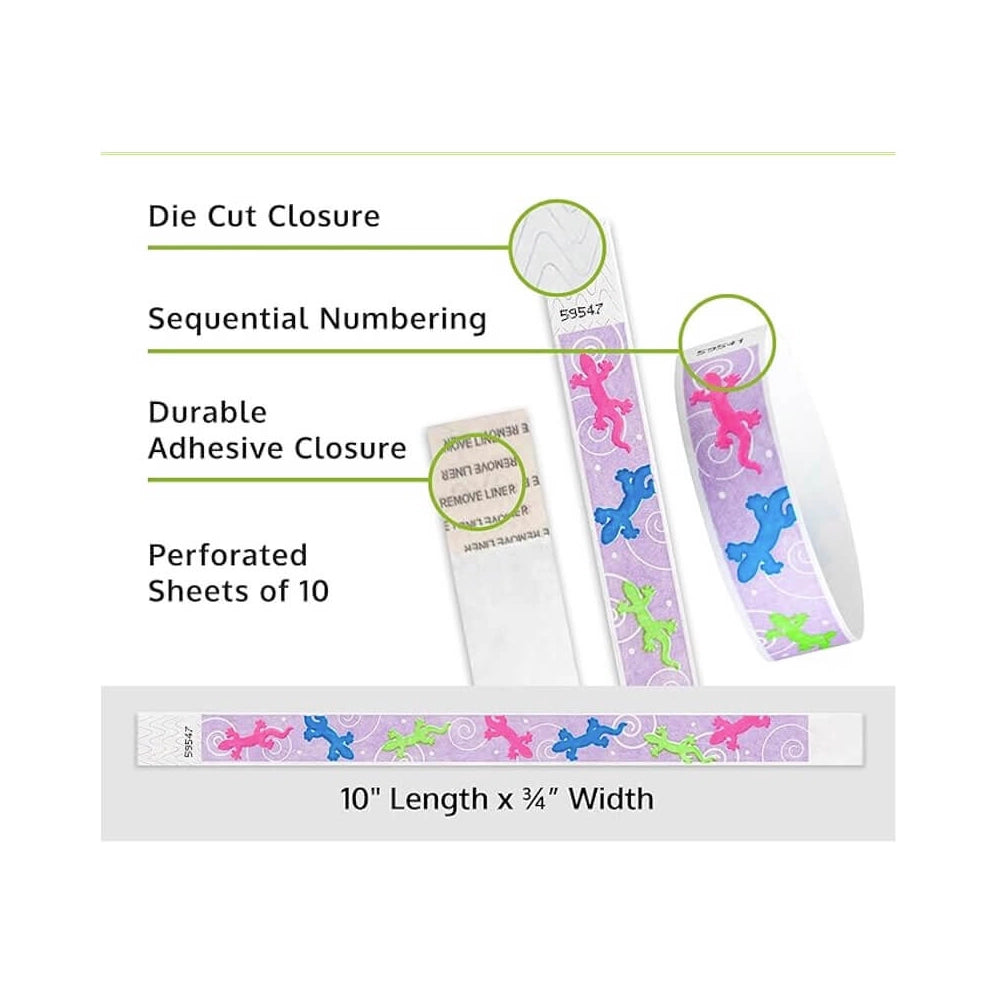 geckos tyvek wristband detail product page showing the die cut adhesive closure, sequential numbering, perforated sheets of 10 and the dimensions.