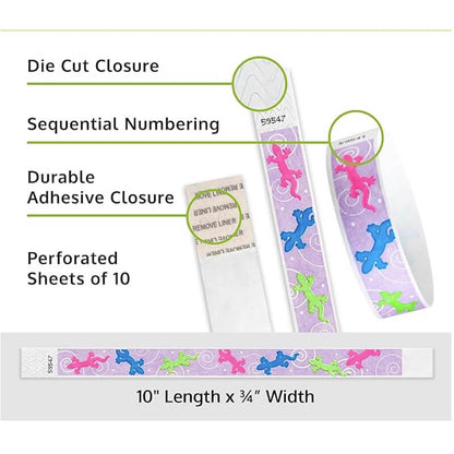 geckos tyvek wristband detail product page showing the die cut adhesive closure, sequential numbering, perforated sheets of 10 and the dimensions.