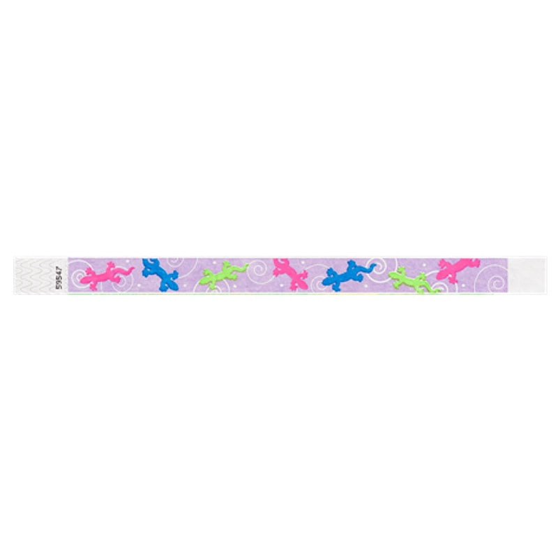 Berry tyvek Wristband with neon pink, neon blue and neon green gecko design - flat version shown