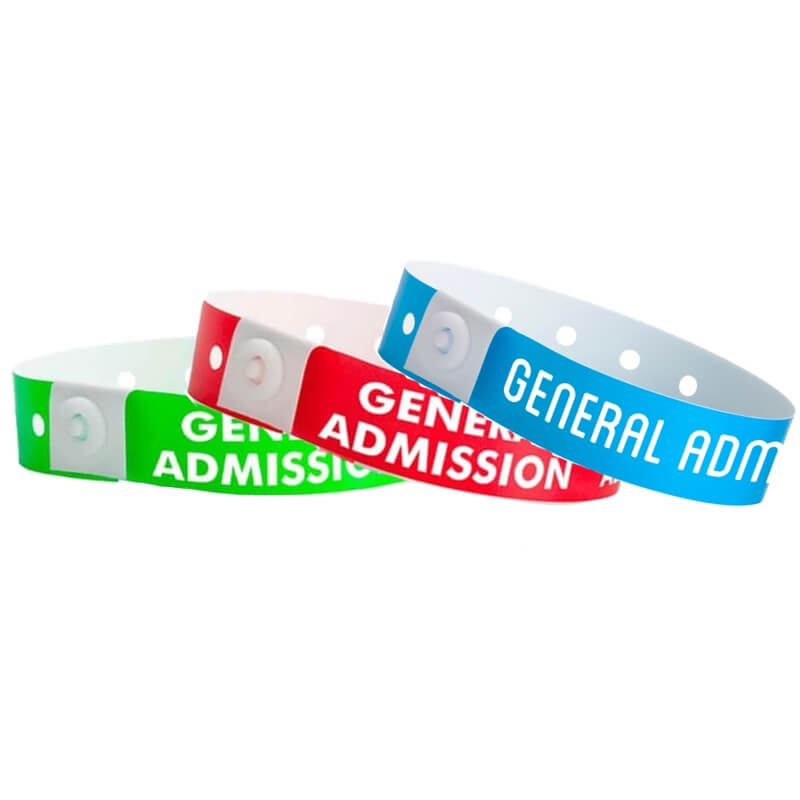Plastic general admission wristband shown in neon green, neon red and neon blue 