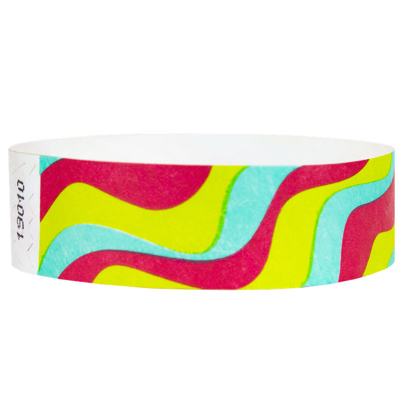 Colourful wavy patterned wristband in red, neon yellow and aqua