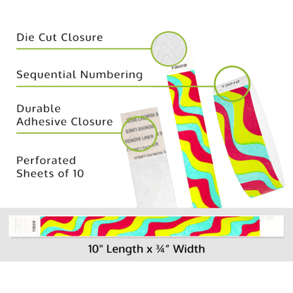 aqua, neon red, neon yellow wavy stripe pattern on a tyvek wristband information page; showing the die cut closure, sequential numbering, durable adhesive closure, and perforated sheets of 10 