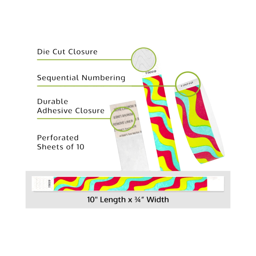 specifications page for tyvek 3/4" wristband with neon red, neon yellow and aqua groovy stripe pattern