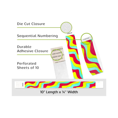 specifications page for tyvek 3/4" wristband with neon red, neon yellow and aqua groovy stripe pattern